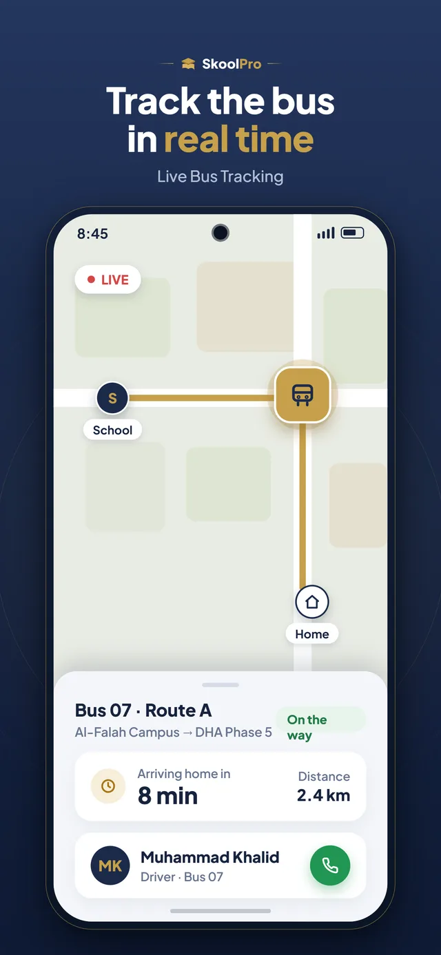 SkoolPro app — Live Bus Tracking
