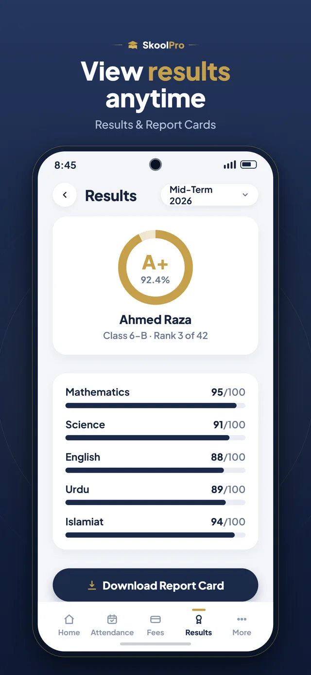 SkoolPro app — Results & Report Cards